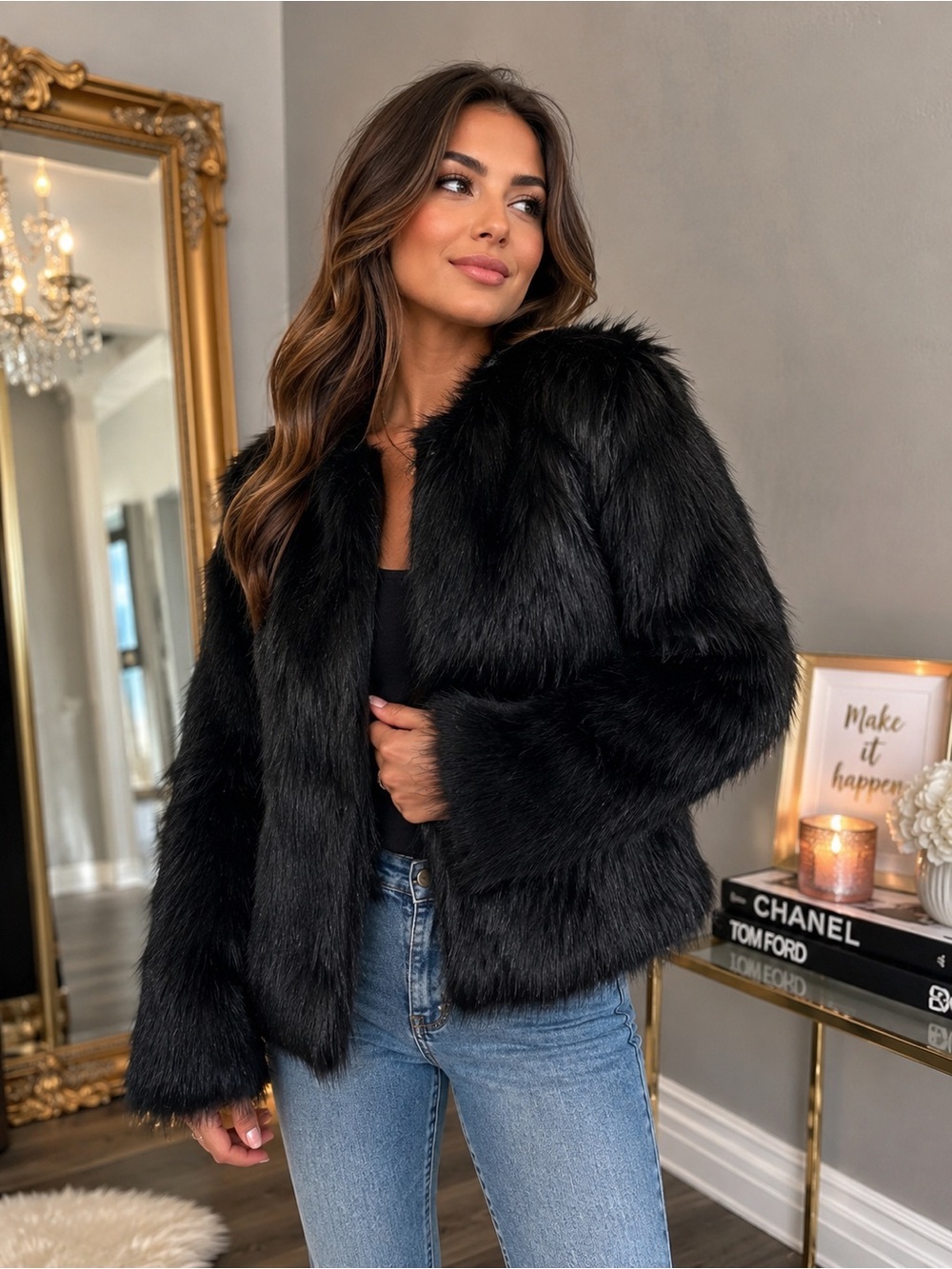 The Bay black faux fur jacket Womens size Small Medium shaggy Rockstar Glam